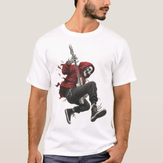 Camiseta Guitarrista Esqueleto con Capucha Roja Rock 