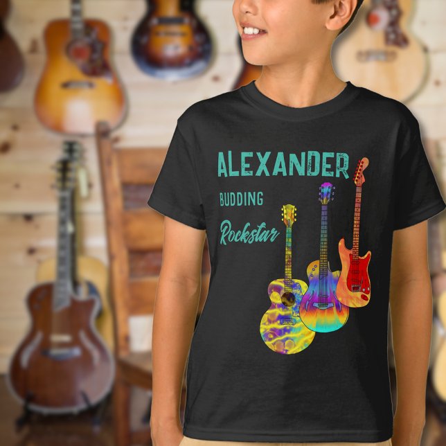 Camiseta guitarrista rockstar de colores vivos (Colorful guitar custome name budding rockstar tshirt for guitarists musicians and music lovers)