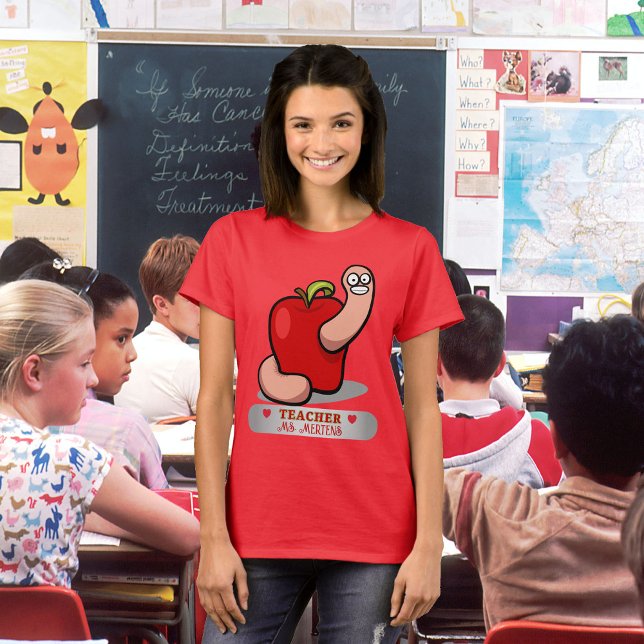 Camiseta Gusano de aprecio de profesor en Apple nombró a mu (Teacher Name Worm in Apple Appreciation Women's T-Shirt)
