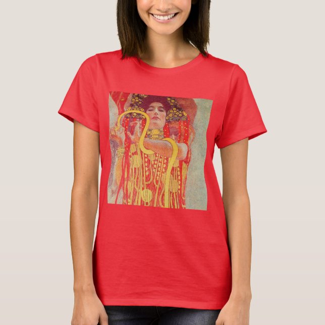 Camiseta Gustav Klimt Red Woman Gold Snake Pintura (Anverso)