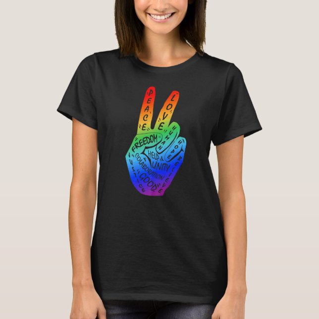 Camiseta Hacer la paz no la guerra mano de paz Rótulo Rainb (Anverso)