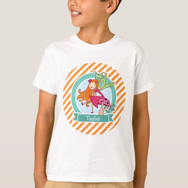 Camiseta Hada pura en hongos; franjas Naranja y blanca (Anverso)
