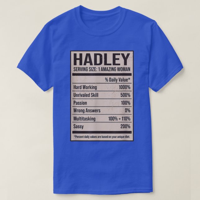 Camiseta Hadley Nutrition Facts Name Nickname Alias Título  (Diseño del anverso)