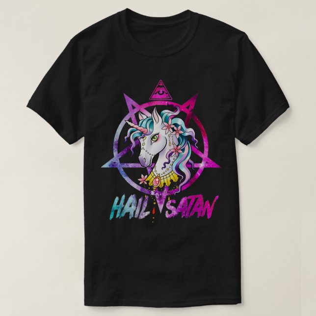 Camiseta Hail Satan Muerte de Unicornio Hombres Metalizado  (Diseño del anverso)