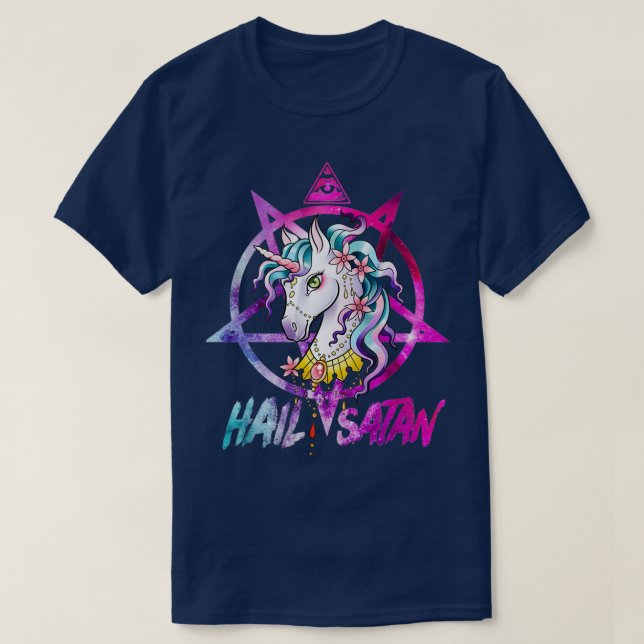 Camiseta Hail Satan Muerte de Unicornio Hombres Metalizado  (Diseño del anverso)