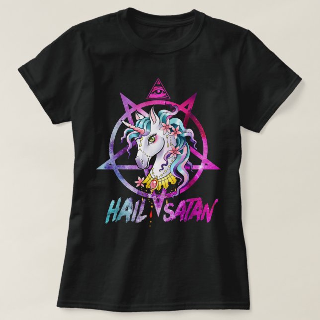 Camiseta Hail Satan Muerte de Unicornio Rave Arcoiris Metal (Diseño del anverso)
