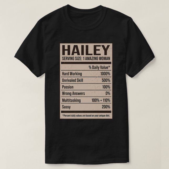 Camiseta Hailey Nutrition Facts Name Nickname Alias Título  (Diseño del anverso)
