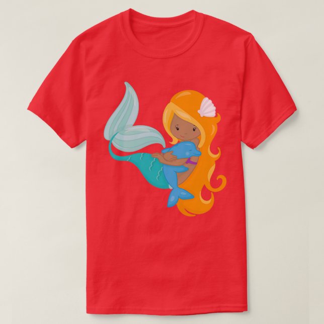 Camiseta Hair Dolphin, Naranja de sirenas afroamericana (Diseño del anverso)
