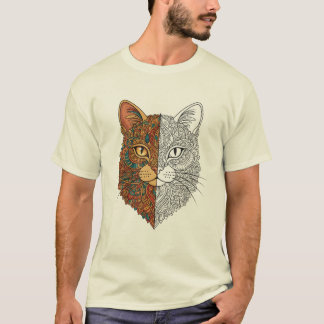 Camiseta Half Color / Half Outline Mandala Cat Face