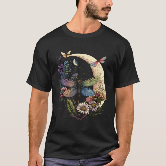Camiseta Half Moon Dragonfly Insect Hippie Colorful Flowers (Anverso)