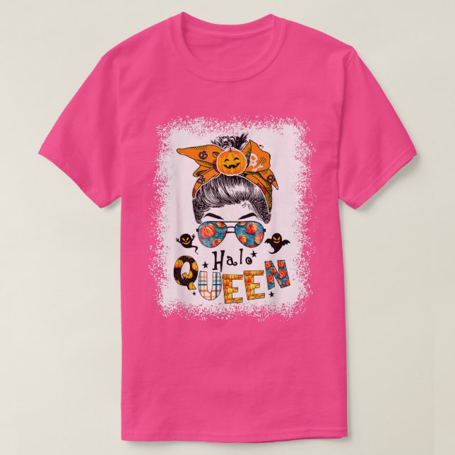 Camiseta Hallo Queen Messy Bun Witch Pumpkin Jack O Lantern (Diseño del anverso)