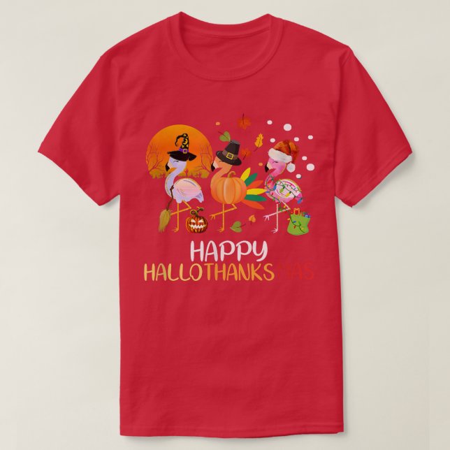 Camiseta Hallothanksmas Flamingo Navidades de Halloween gra (Diseño del anverso)