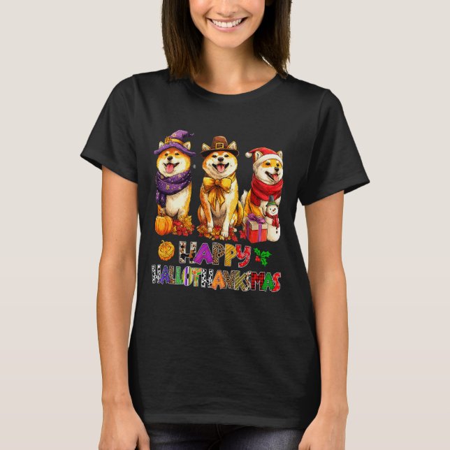 Camiseta Hallothanksmas Shiba Dogs Halloween Christmas Pump (Anverso)