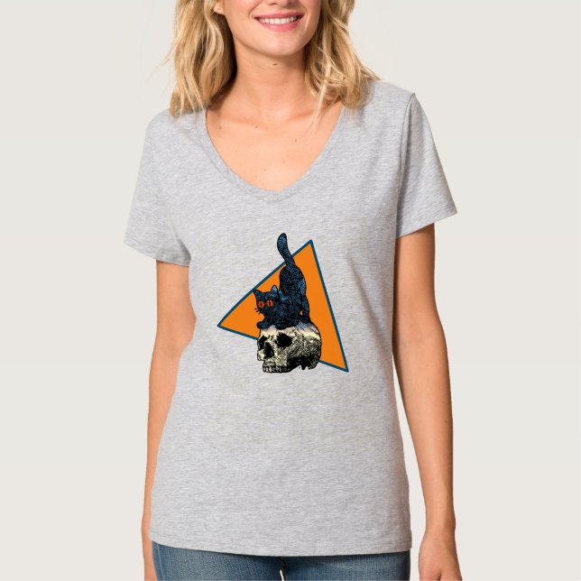 Camiseta Halloween 2023: Gato en el cráneo adormecido Chica (Anverso)