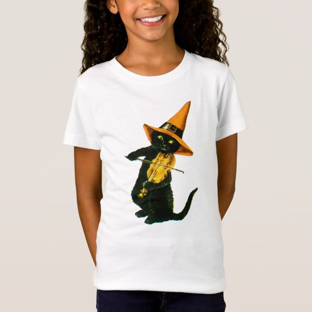 Camiseta Halloween a la antigua, gato bruja jugando violín