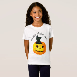 Camiseta Halloween a la vieja usanza, gato negro en calabaz