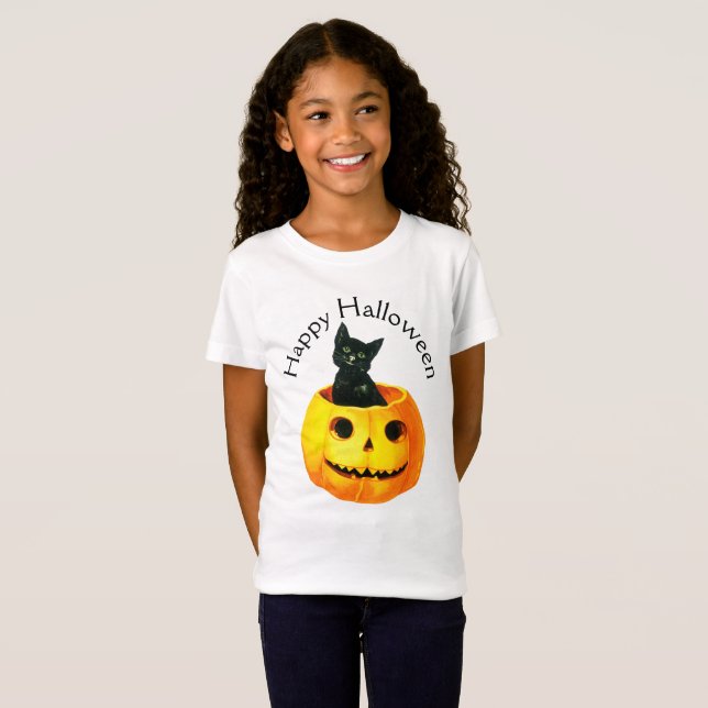 Camiseta Halloween a la vieja usanza, gato negro en calabaz (Anverso completo)
