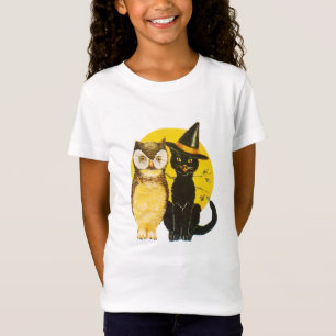 Camiseta Halloween anticuado, gato negro y búho