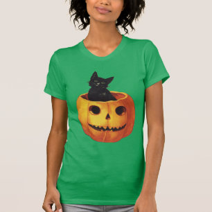 Camiseta Halloween antiguo, gato negro lindo en una calabaz