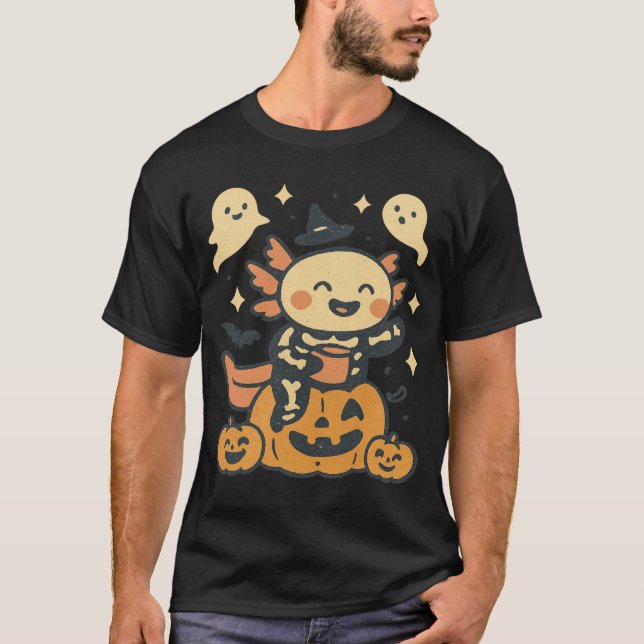 Camiseta Halloween Axolotl Skeleton Cute Kawaii Ghost Kids (Anverso)