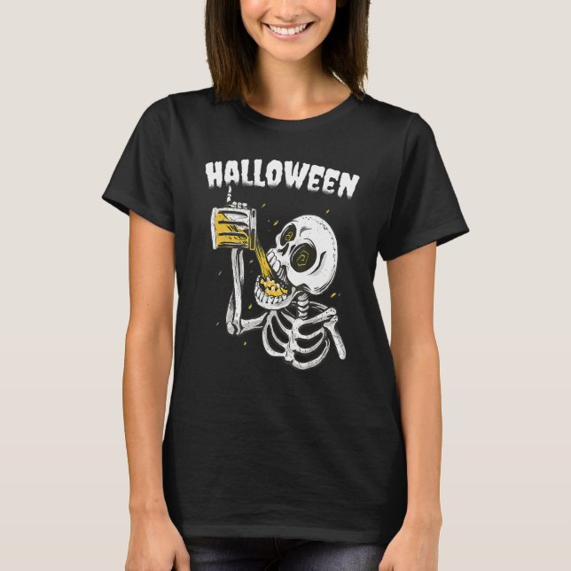Camiseta Halloween Beer Drinking Skeleton (Anverso)