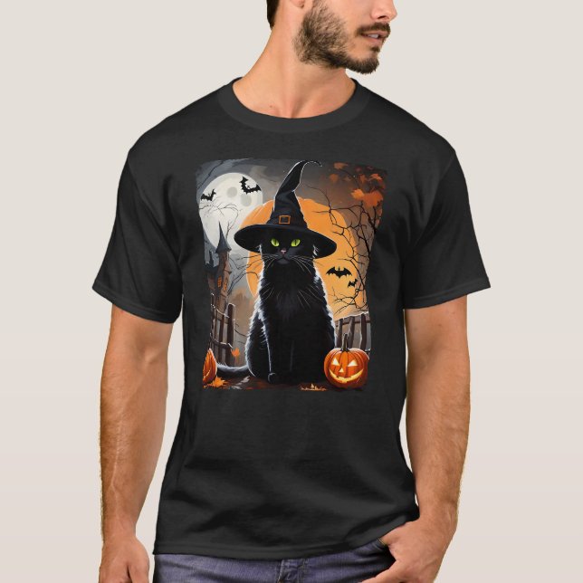 Camiseta Halloween Black Cat Hat Spooky Cat and Pumpkin Gra (Anverso)