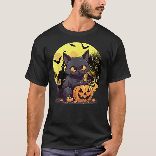Camiseta Halloween Black Cat Haunted Mansion Happy Hallowee (Anverso)