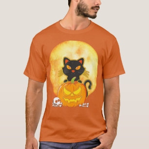 Camiseta Halloween Black Cat Scary Calabaza en la luna de l