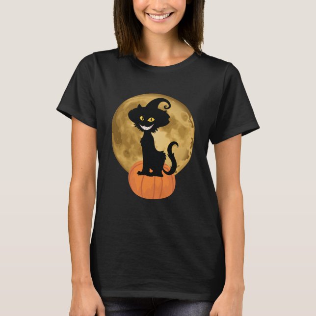 Camiseta Halloween Black Cat Scary Calabaza en la luna de l (Anverso)