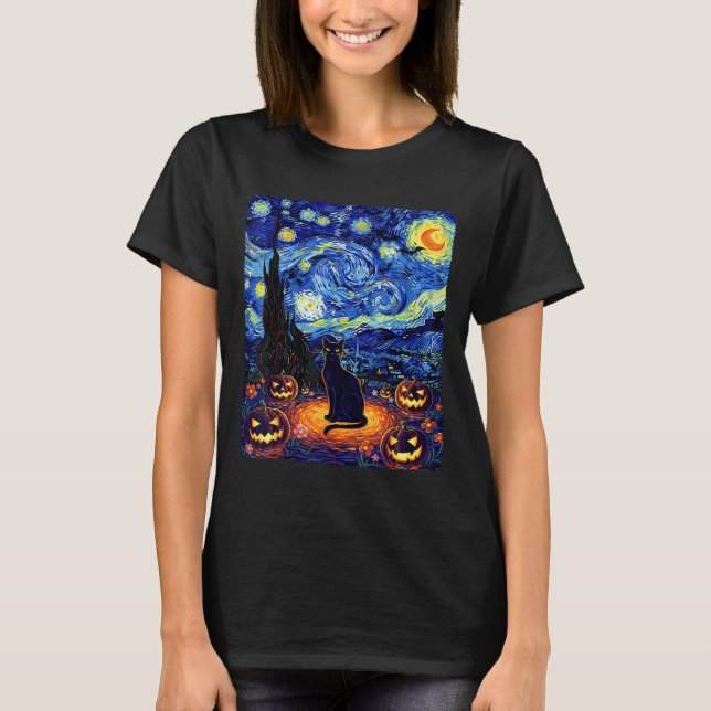 Camiseta Halloween Black Cat Van Gogh Starry Night Cat Cost (Anverso)