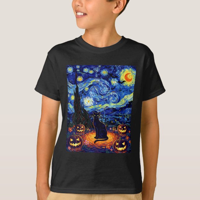 Camiseta Halloween Black Cat Van Gogh Starry Night Cat Cost (Anverso)