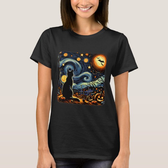 Camiseta Halloween Black Cat Van Gogh Starry Night Cat Love (Anverso)