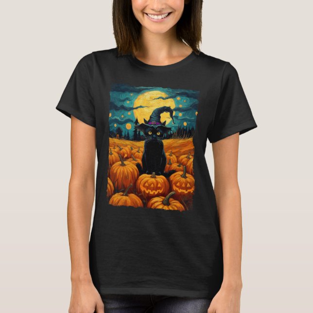 Camiseta Halloween Black Cat Van Gogh Witch Kawaii Pumpkin (Anverso)