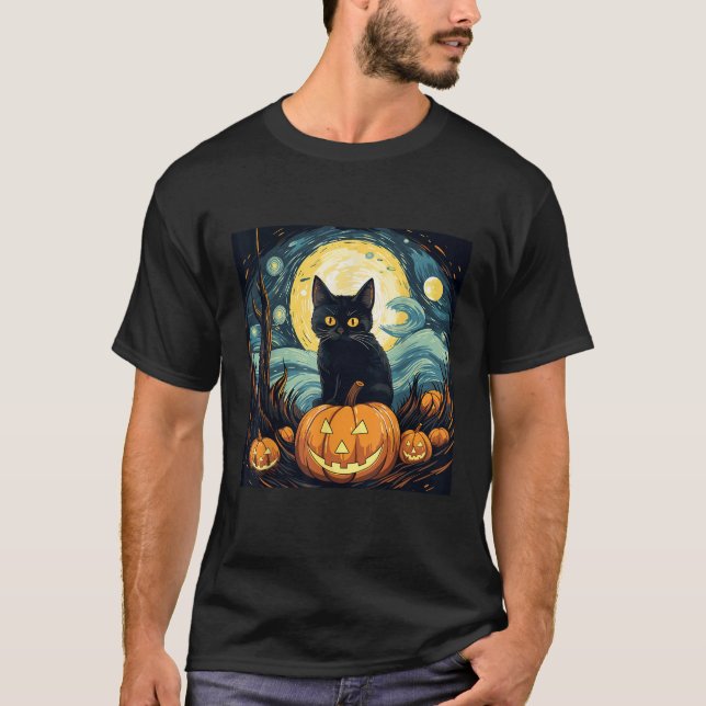 Camiseta Halloween Black Cat Van Gogh Witch Starry Night Ar (Anverso)