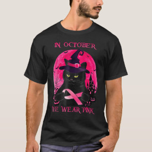 Camiseta Halloween Black Cat Witch En Octubre Usamos Rosa