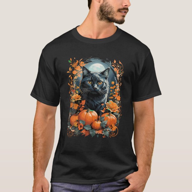 Camiseta Halloween Black Cat Witch Gorra Fall Vibes T Shirt (Anverso)