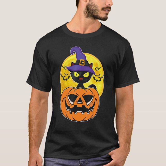 Camiseta Halloween Black Cat Witch Hat Pumpkin For Kids Gir (Anverso)