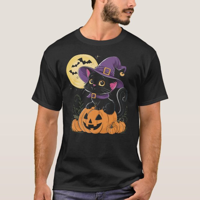 Camiseta Halloween Black Cat Witch Hat Pumpkin For Kids Gir (Anverso)