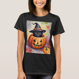 Camiseta Halloween Black Kitten Witch Gorra Pumpkin Card