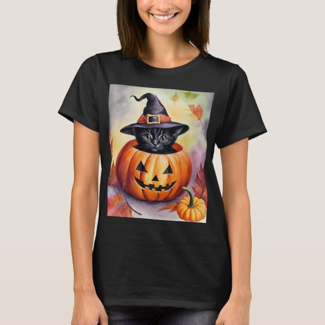 Camiseta Halloween Black Kitten Witch Gorra Pumpkin Card (Anverso)