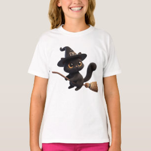 Camiseta Halloween Black Witch Cats Riendo Broomstick