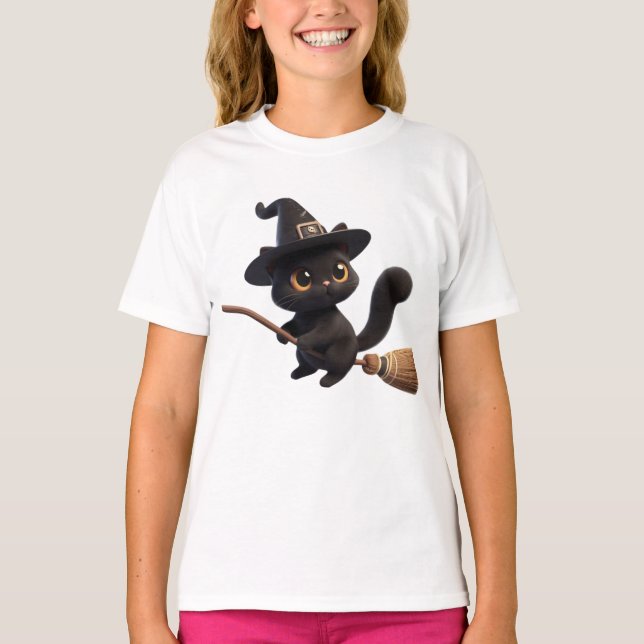 Camiseta Halloween Black Witch Cats Riendo Broomstick (Anverso)