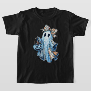 Camiseta Halloween Blue Denim Boo Ghost Floral Coquette Bow