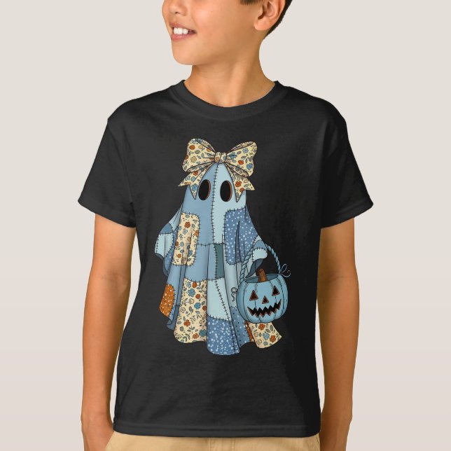 Camiseta Halloween Blue Denim Ghost Trendy Denim Patchwork (Anverso)