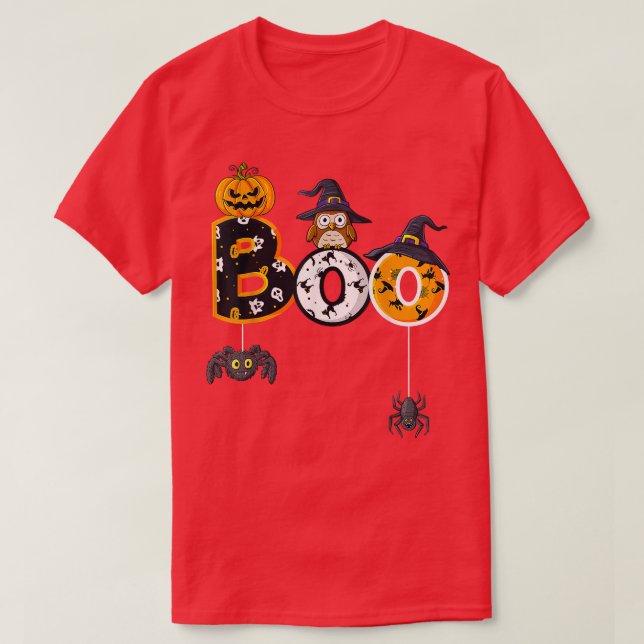 Camiseta Halloween Boo Owl With Witch Hat Spiders Boys Girl (Diseño del anverso)