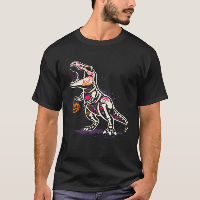 Camiseta Halloween Boys Dinosaur Skeleton rex Scary Pumpkin (Anverso)