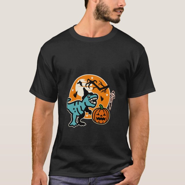Camiseta Halloween Boys Dinosaur Skeleton T rex Funny Pumpk (Anverso)