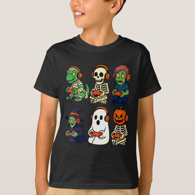 Camiseta Halloween Boys Kids Gamer Dinosaur Skeleton Ghost  (Anverso)