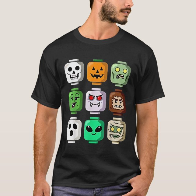 Camiseta Halloween Building Brick Head Pumpkin Ghost Zombie (Anverso)
