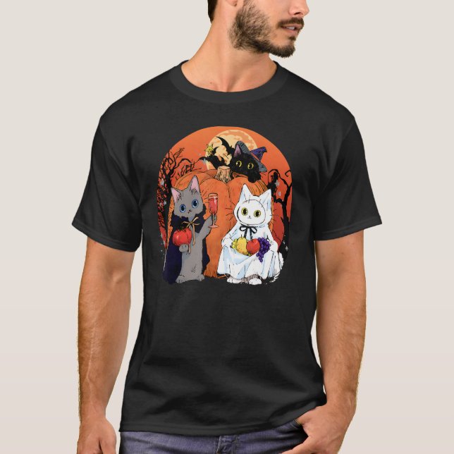 Camiseta Halloween Calabaza Gatos Bebe Vino (Anverso)